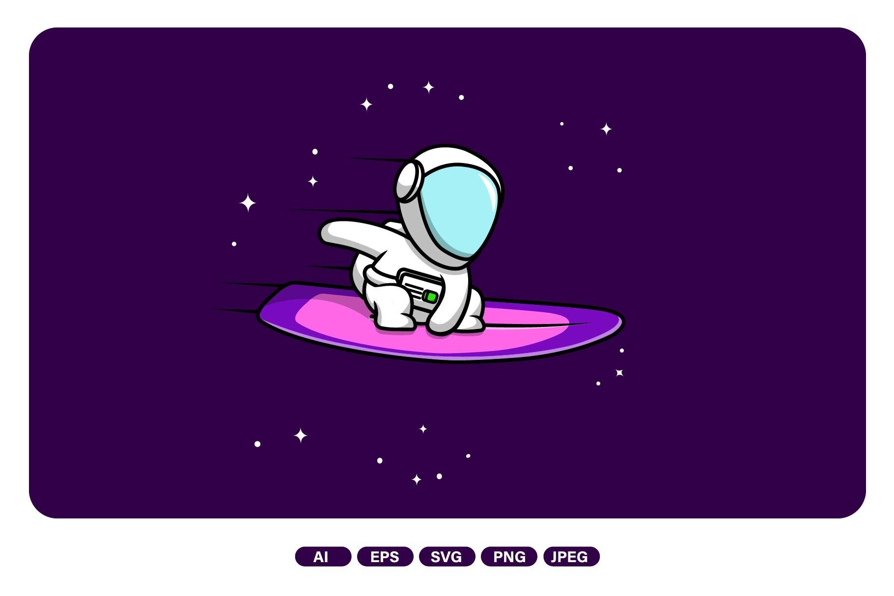 Cute Astronaut Riding with Surfboard