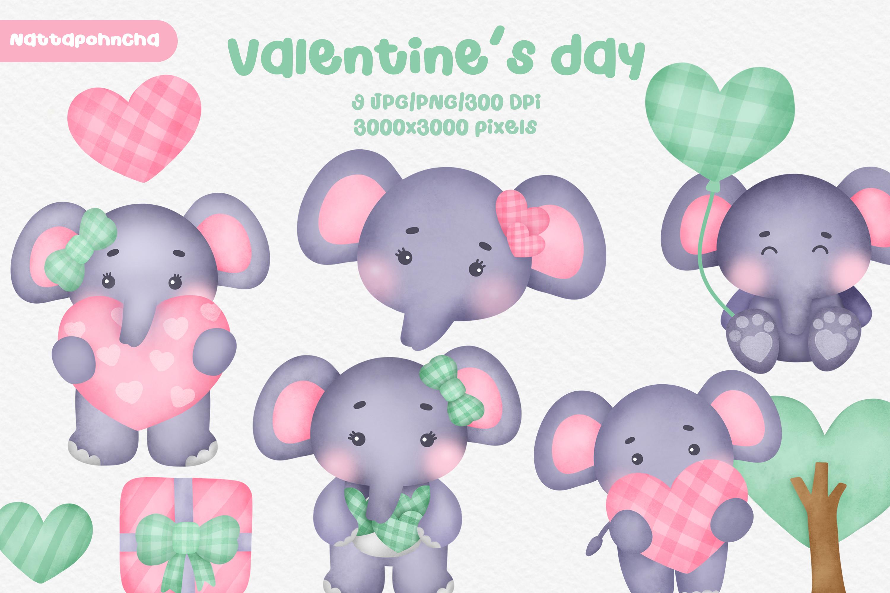 Watercolor Elephant Valentine's Clipart