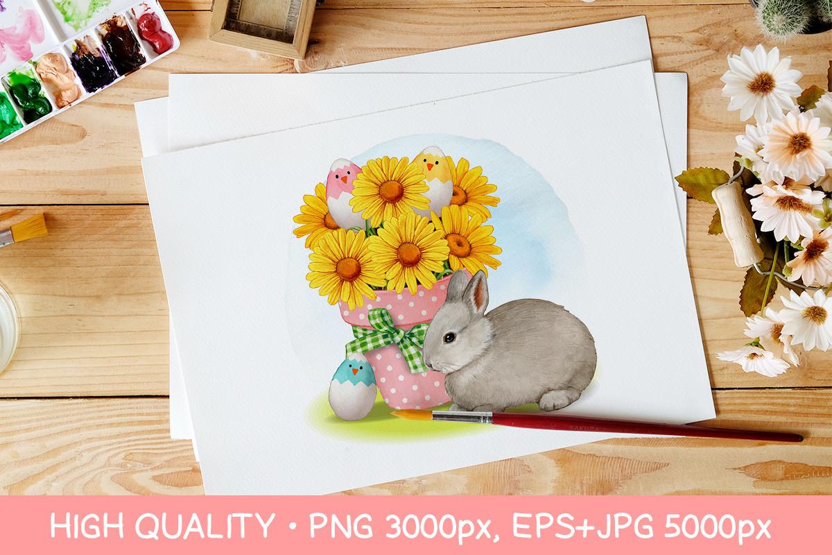 Watercolor Easter Bunny with Flower Pot