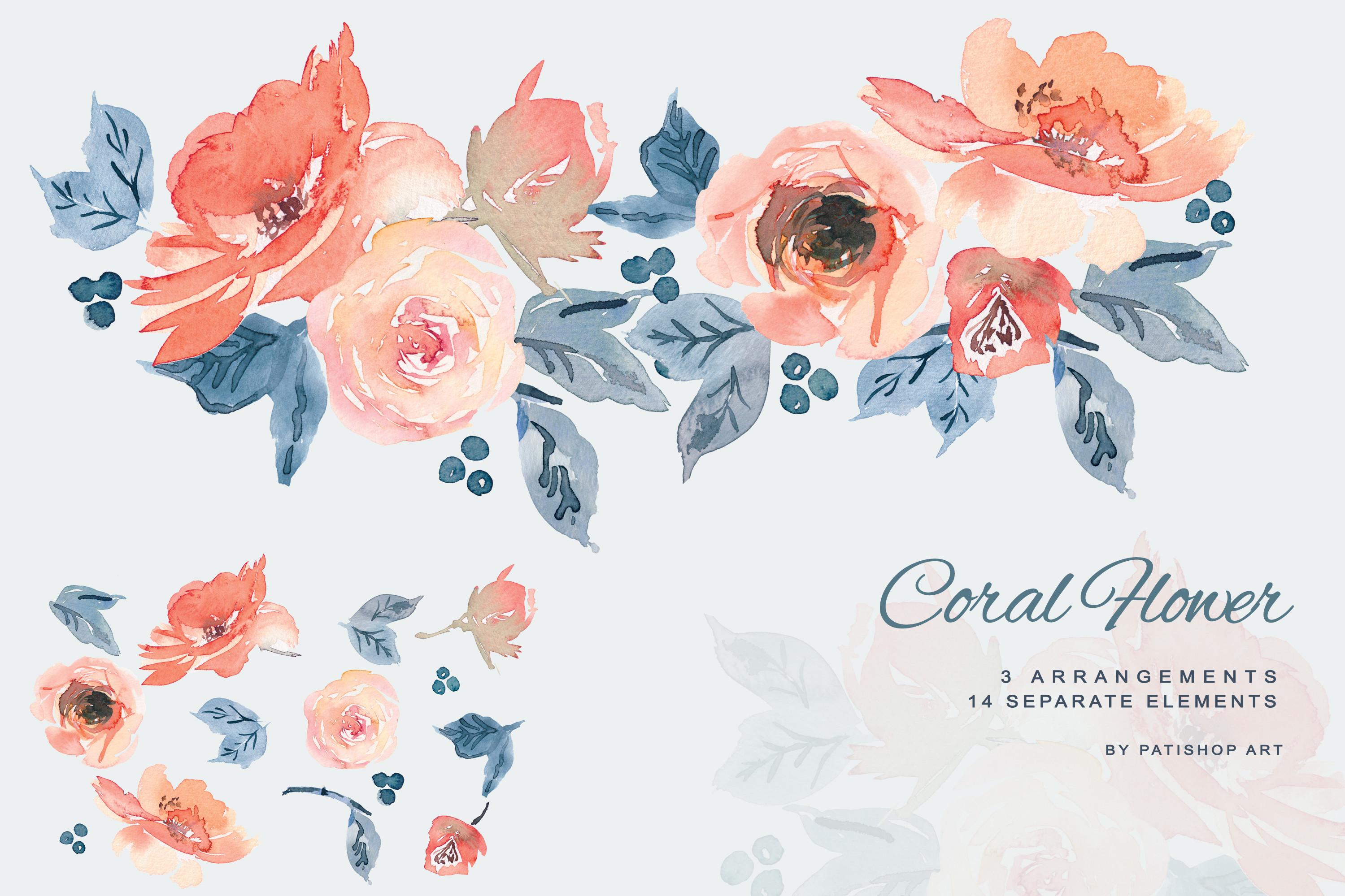 Watercolor Coral & Dusty Blue Clipart