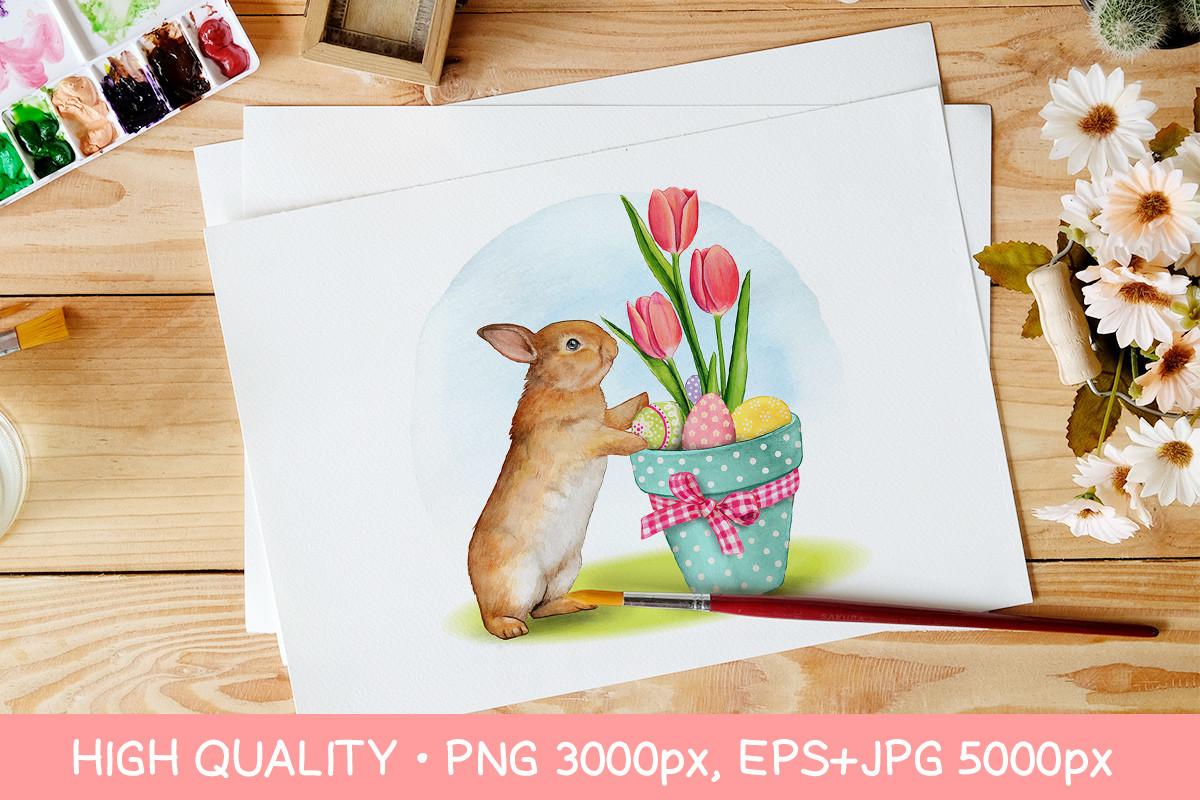 Watercolor Easter Bunny with Tulip Pot