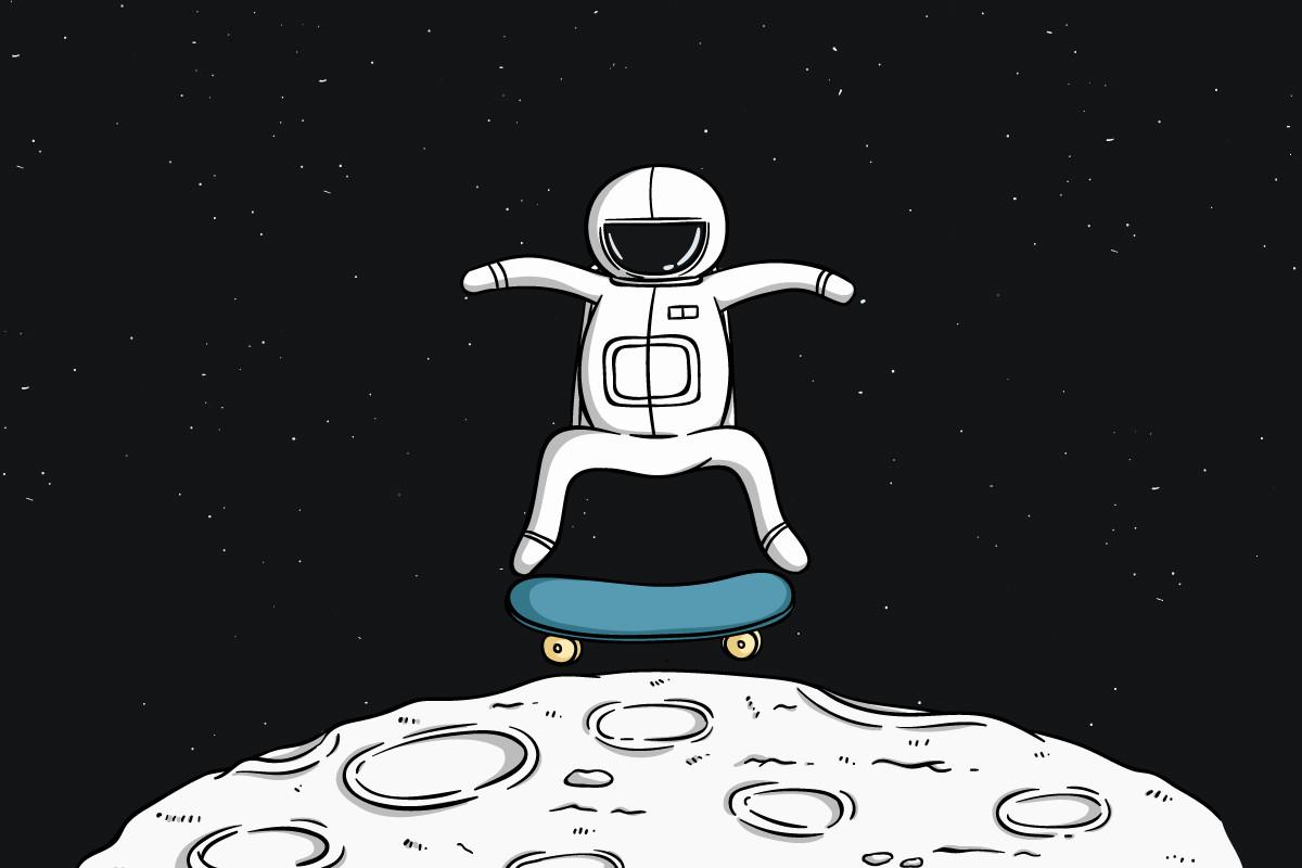 Astronaut Playing Skateboard at the Moon