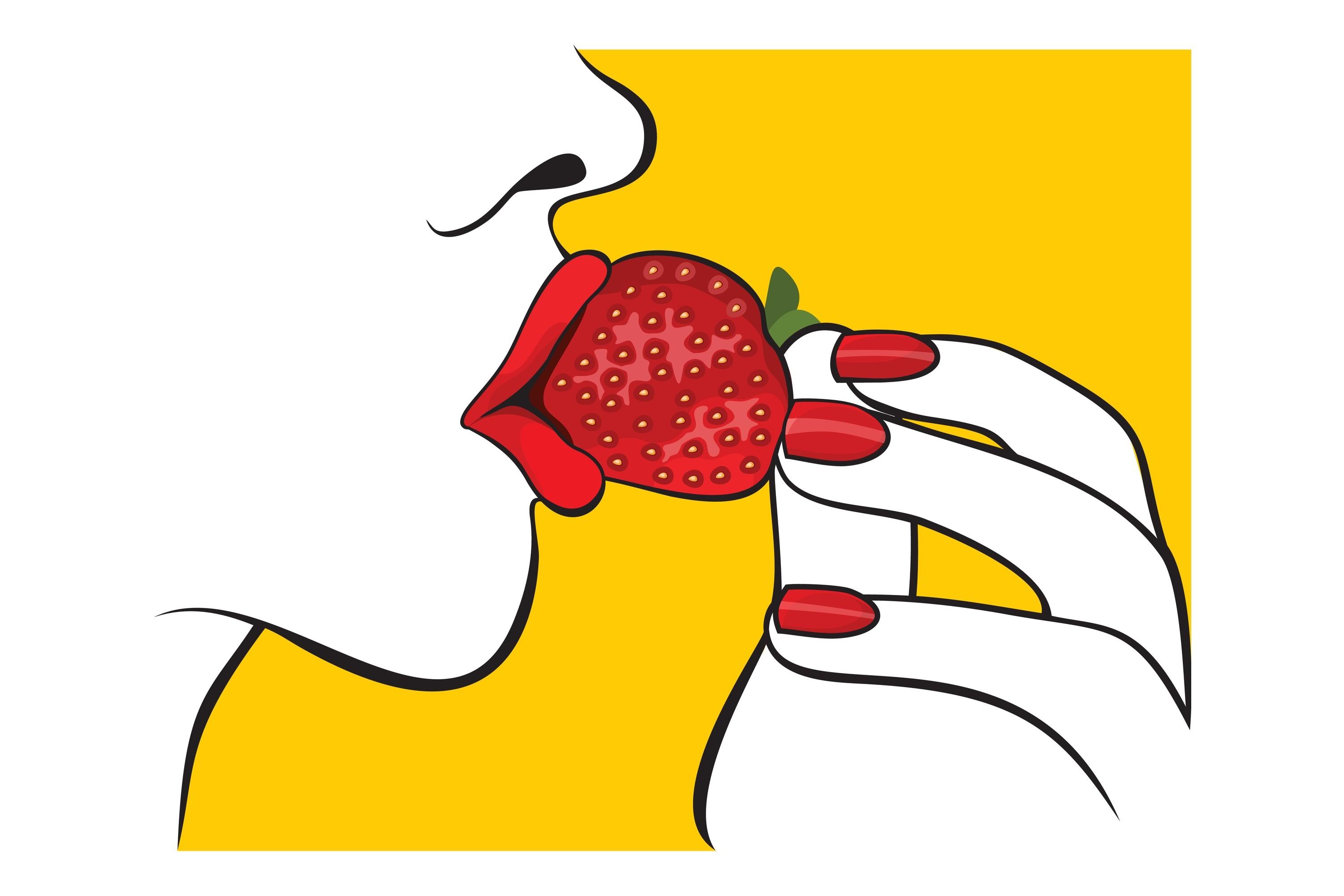 Woman with Red Lips Eating Strawberry