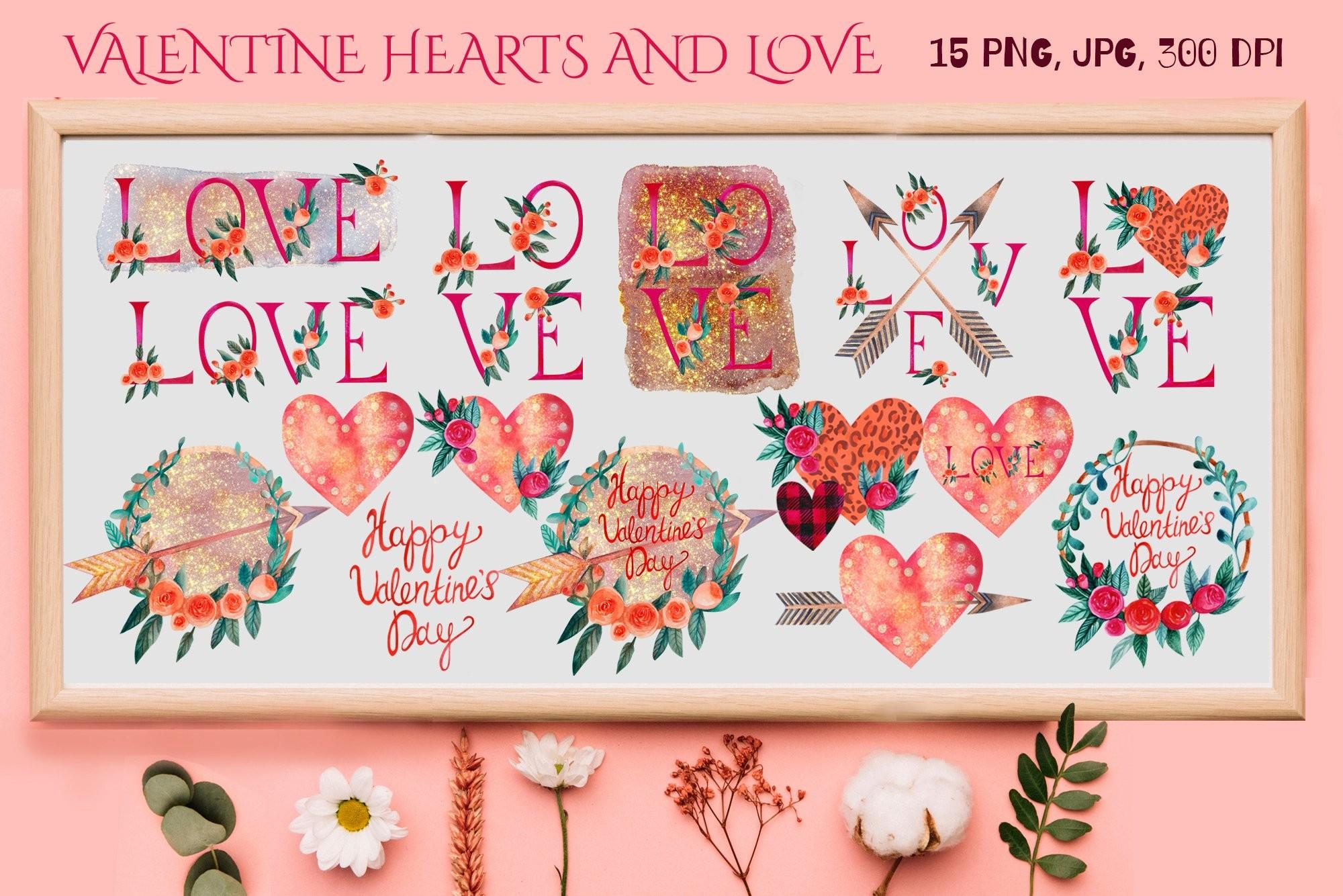 Valentines Day Bundle. Watercolor Hearts