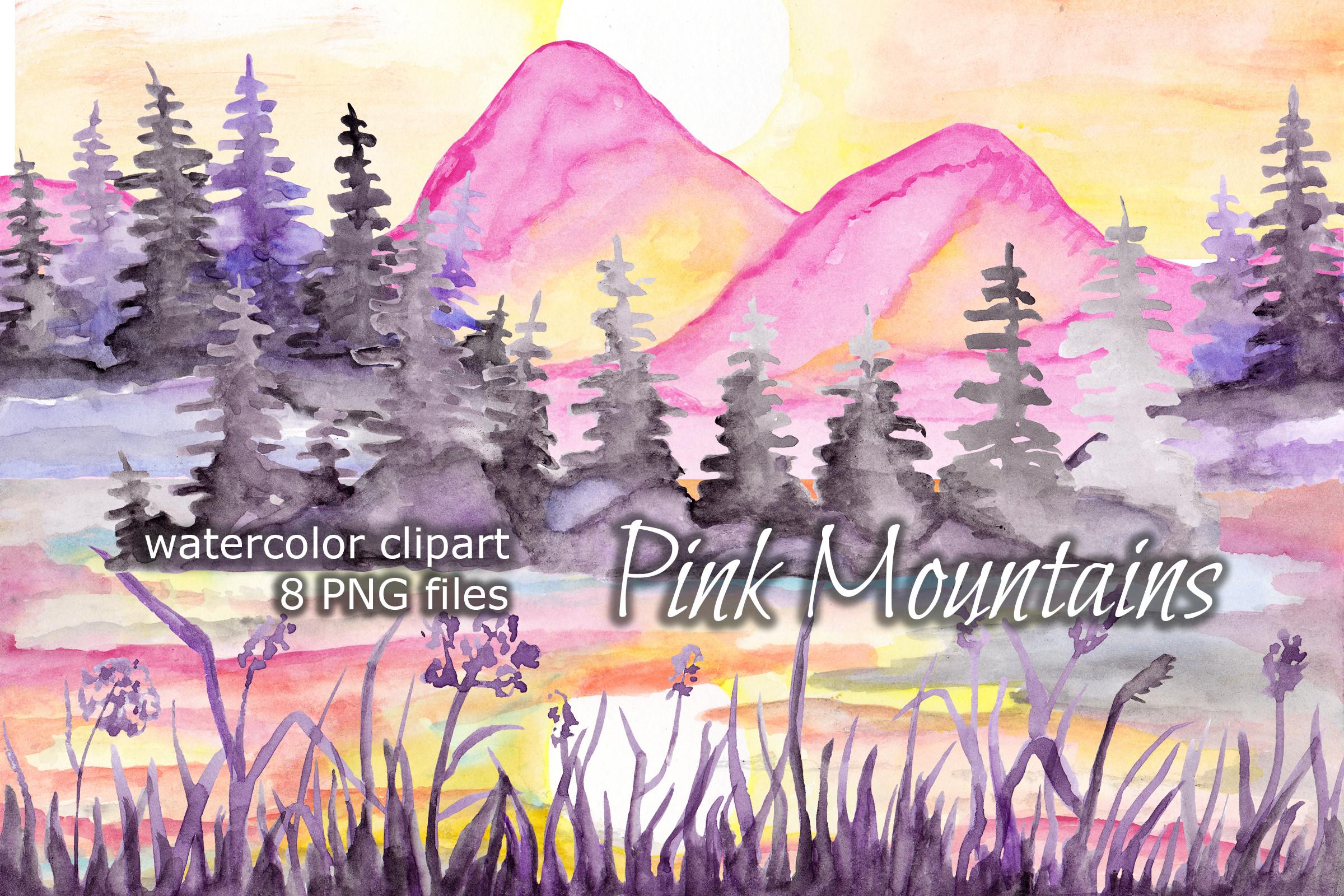 Pink Mountains Watercolor Clipart