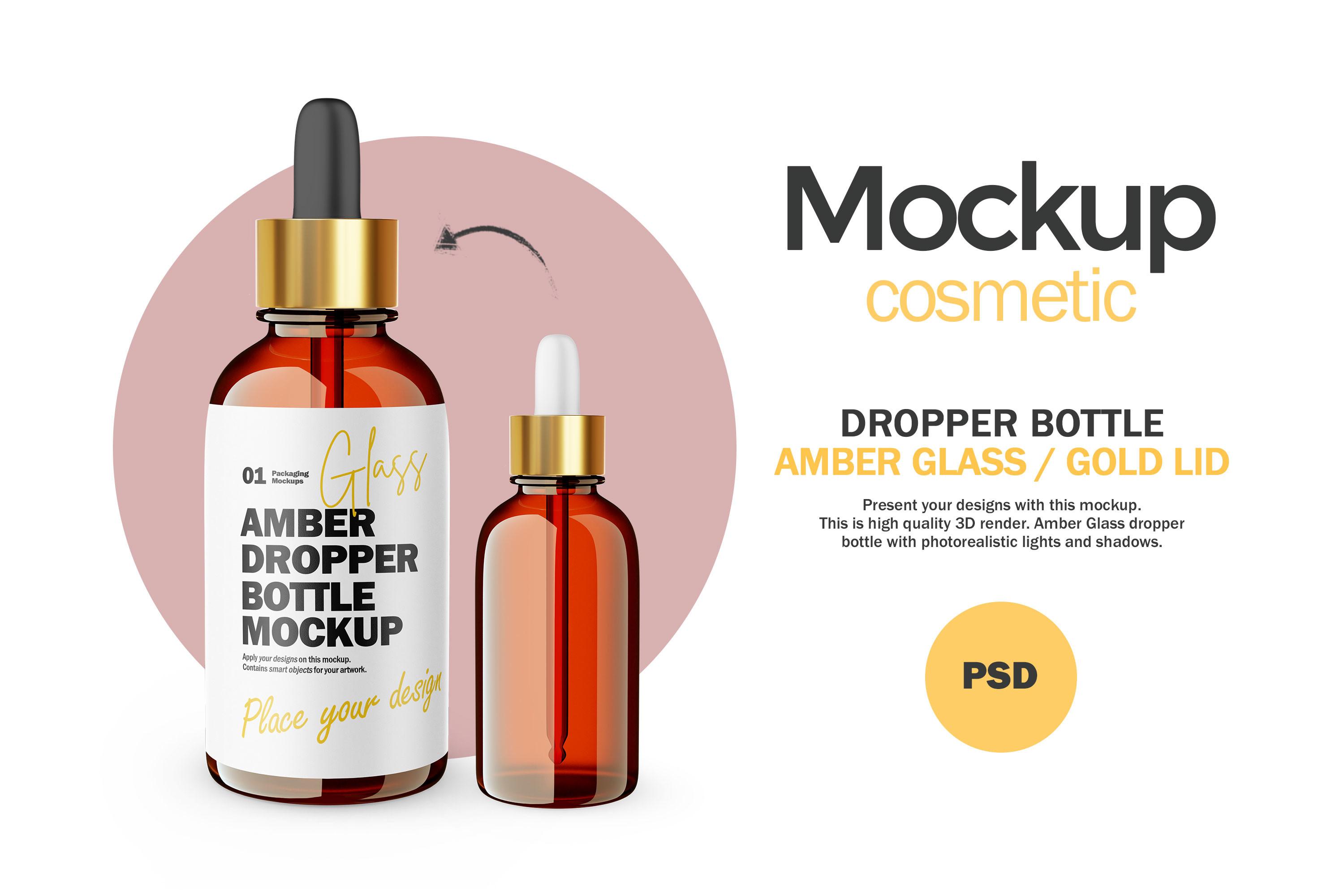 3D Amber Glass Dropper Bottle-PSD Mockup
