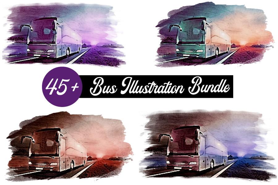 Watercolor Bus Illustration Bundle