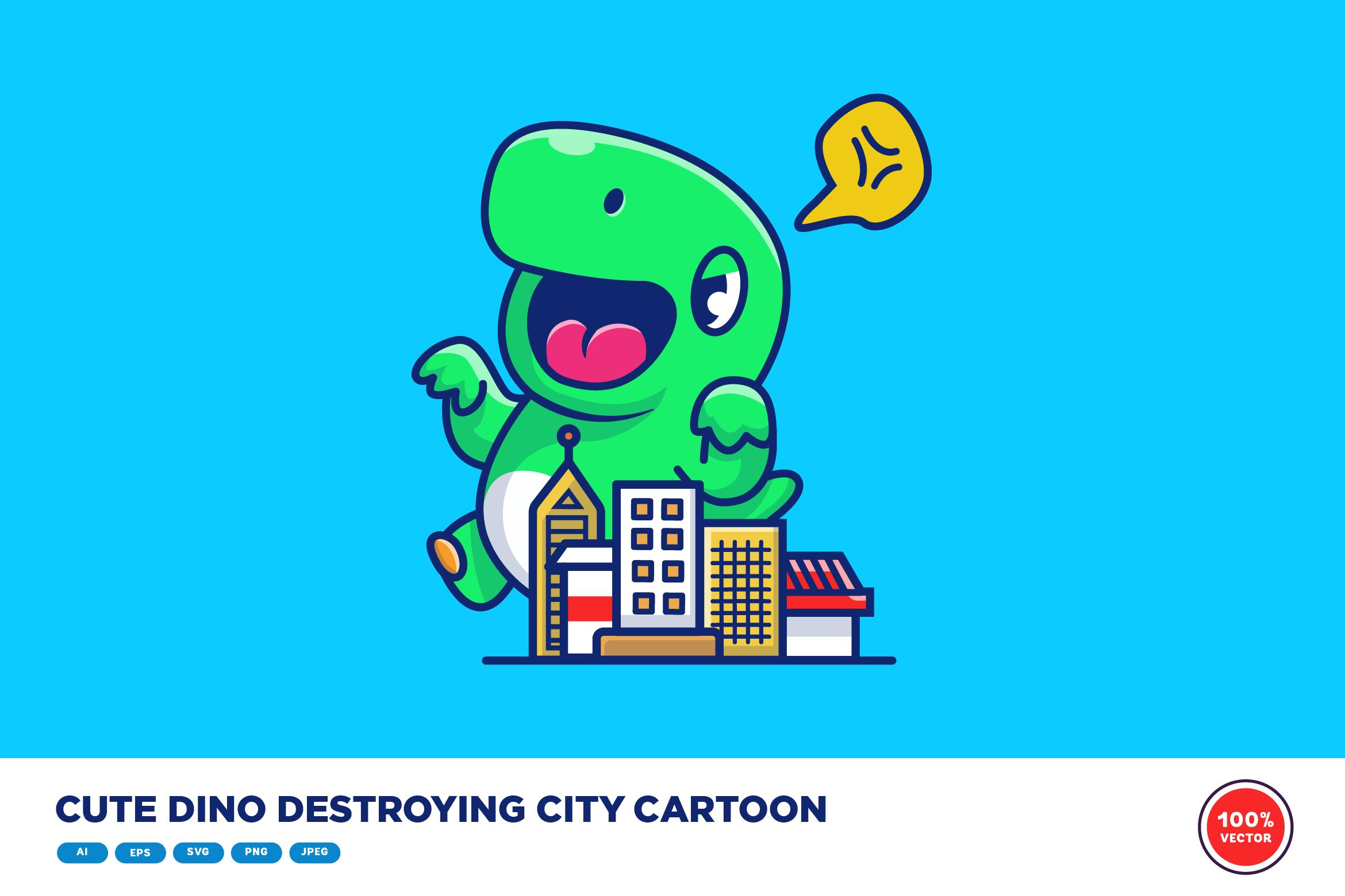 Cute Dino Destroying City Cartoon