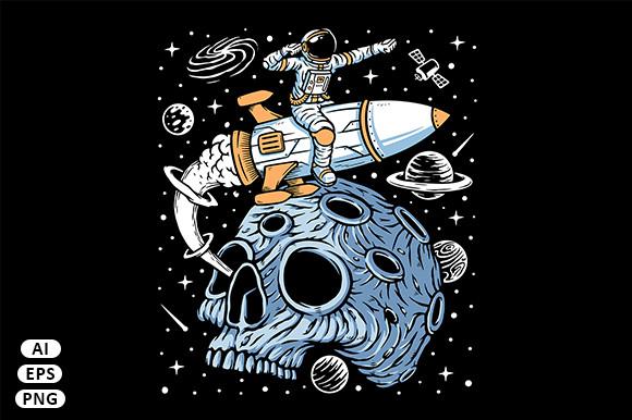 Astronaut Leave Planet Skull with Rocket