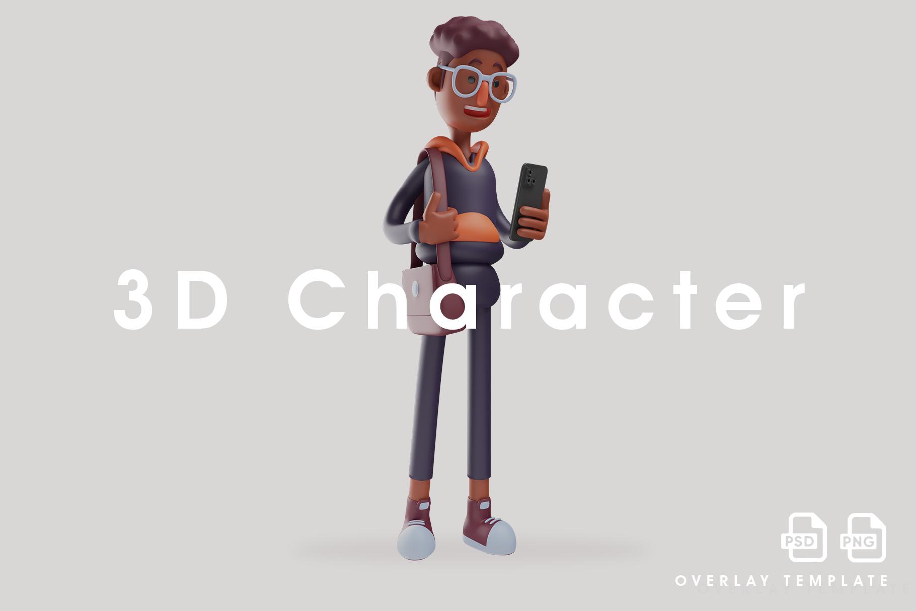 3D Student Cartoon Holding a Cell Phone