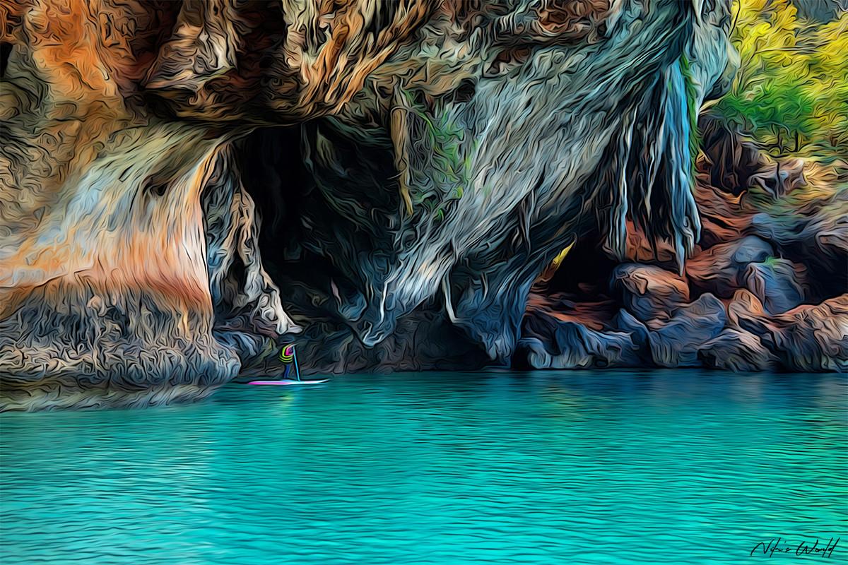 Watercolor Island Cave with Ocean