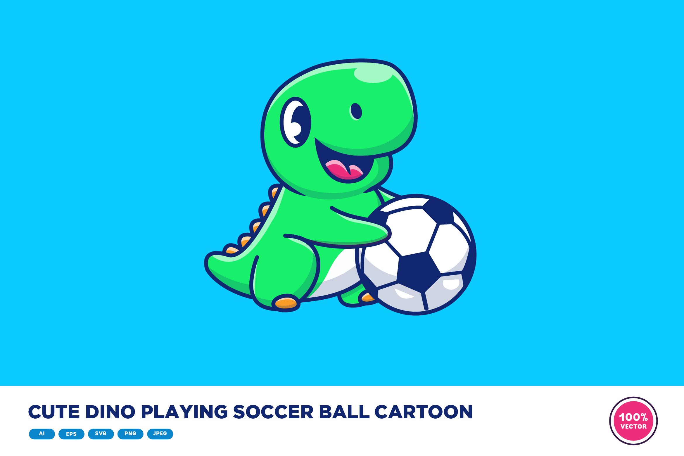 Cute Dino Playing Soccer Ball Cartoon