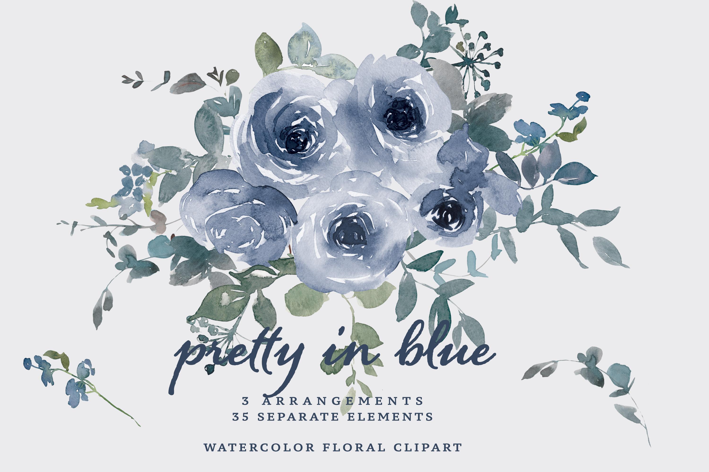 Blue Watercolor Floral Clipart Set