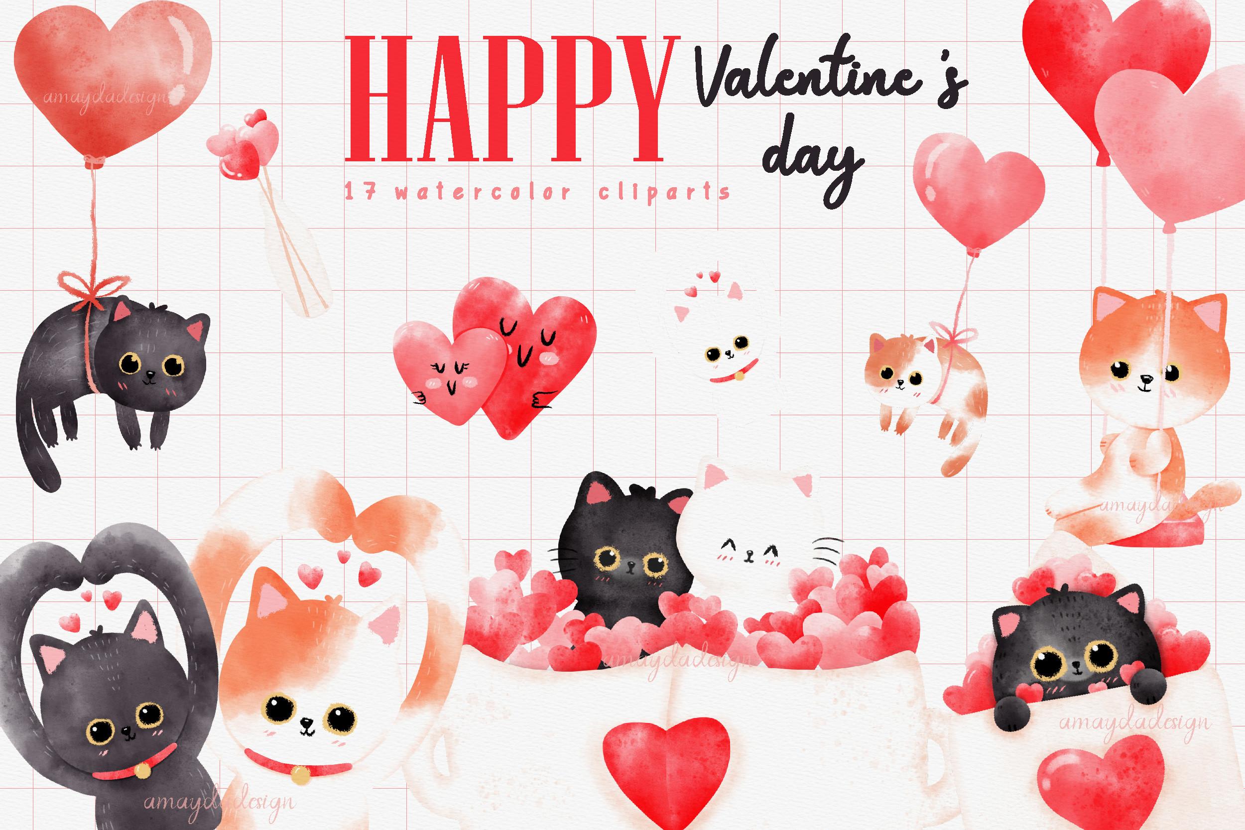 Happy Valentine Cats Watercolor Clipart