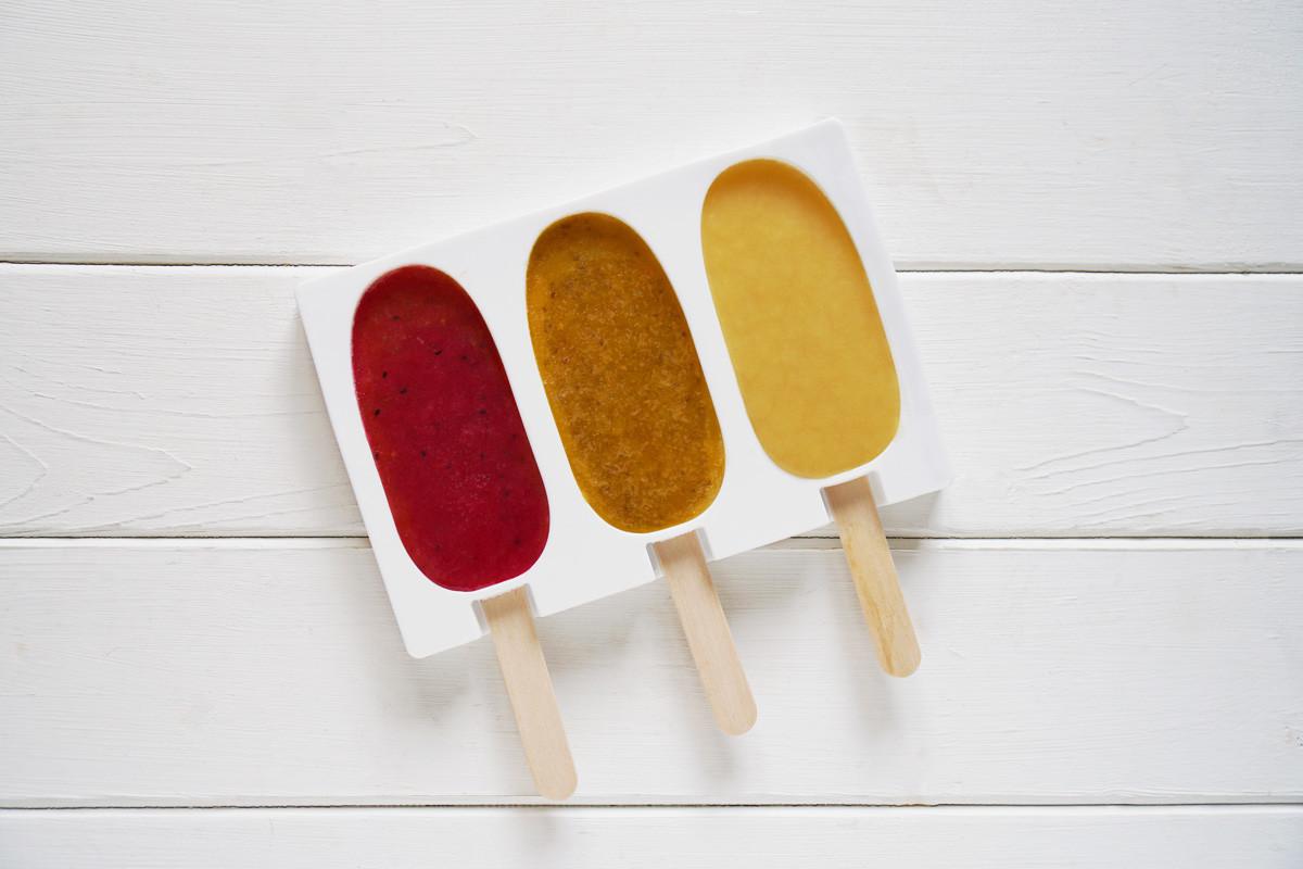 Three Different Fruit Smoothie Popsicles in Reusable Silicone Ice Pop Mold