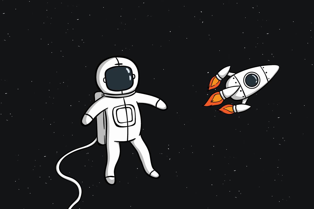Floating Astronaut with Rocket in Space
