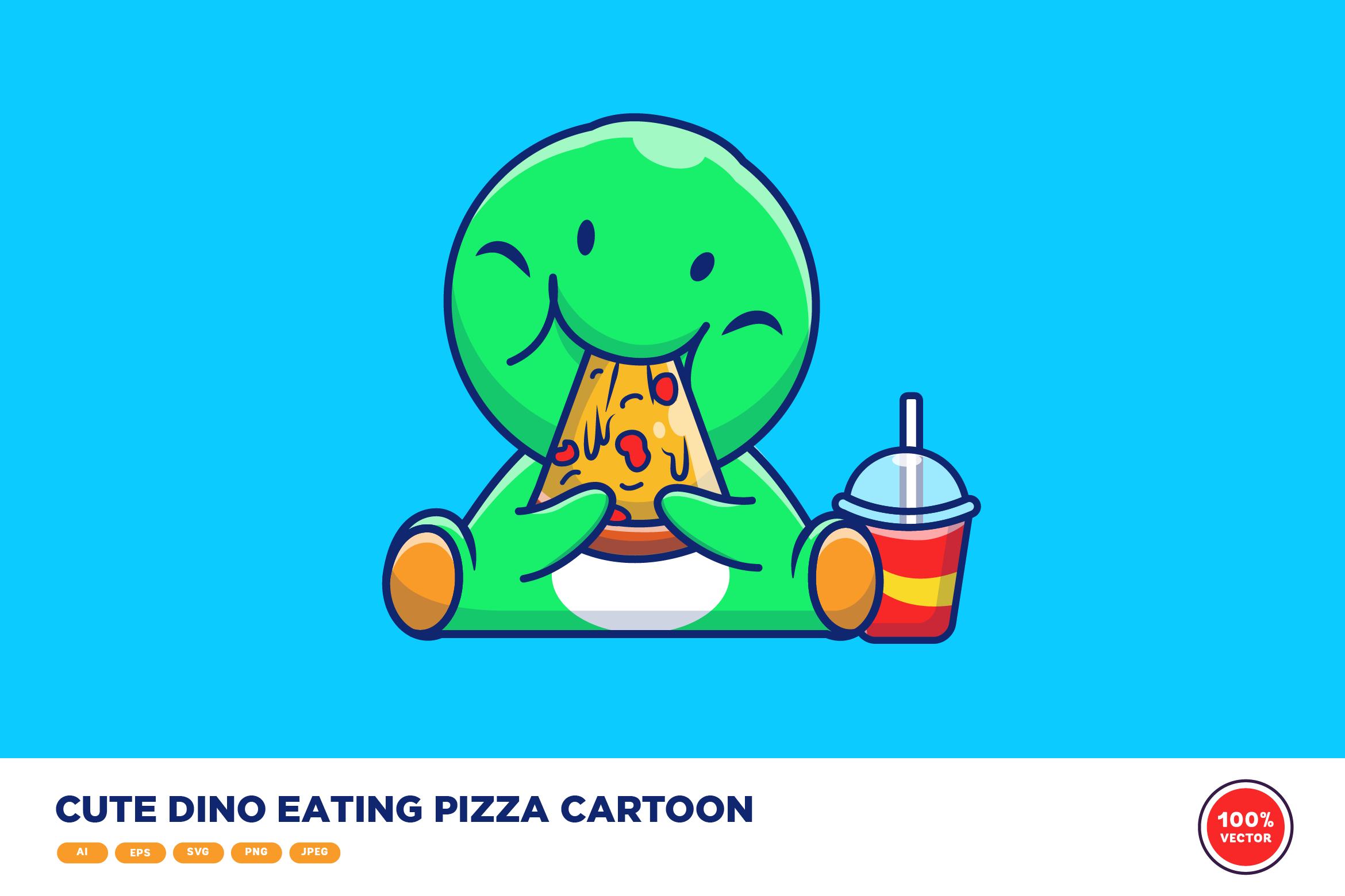 Cute Dino Eating Pizza Cartoon