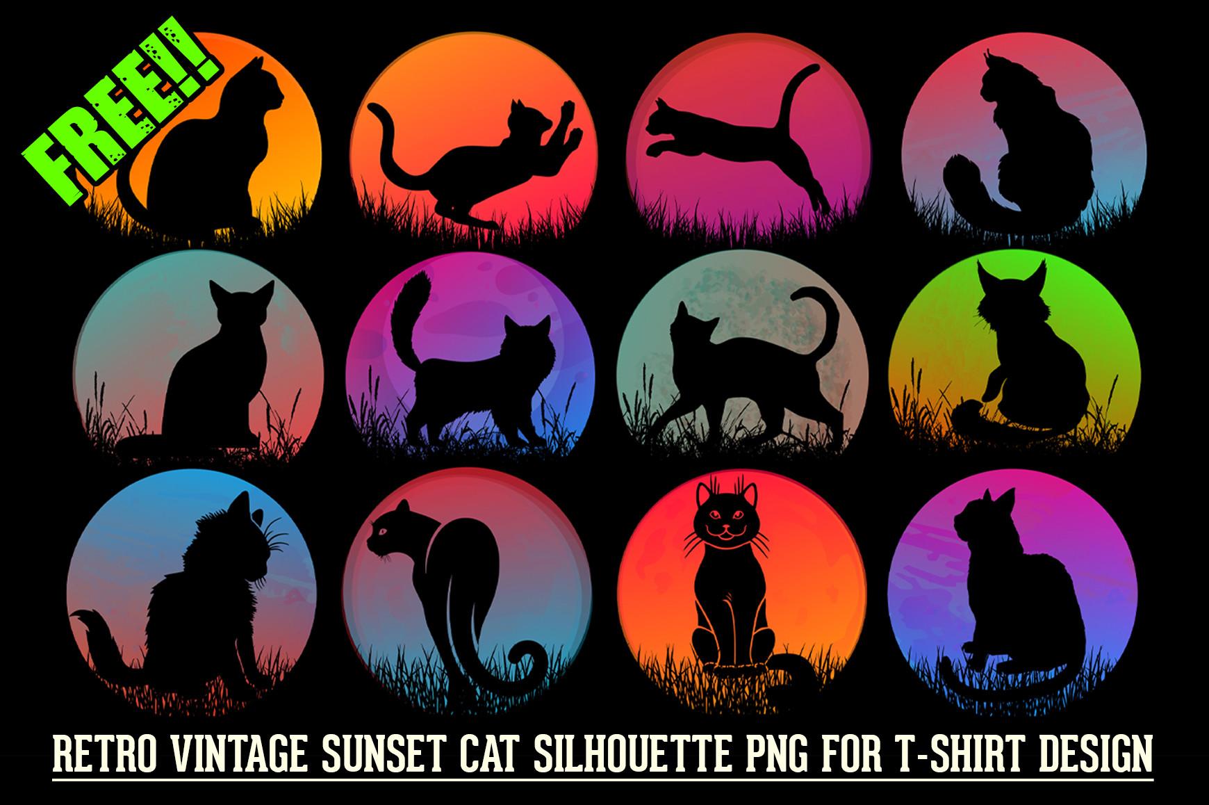 Retro Vintage Sunset Cat Silhouette PNG