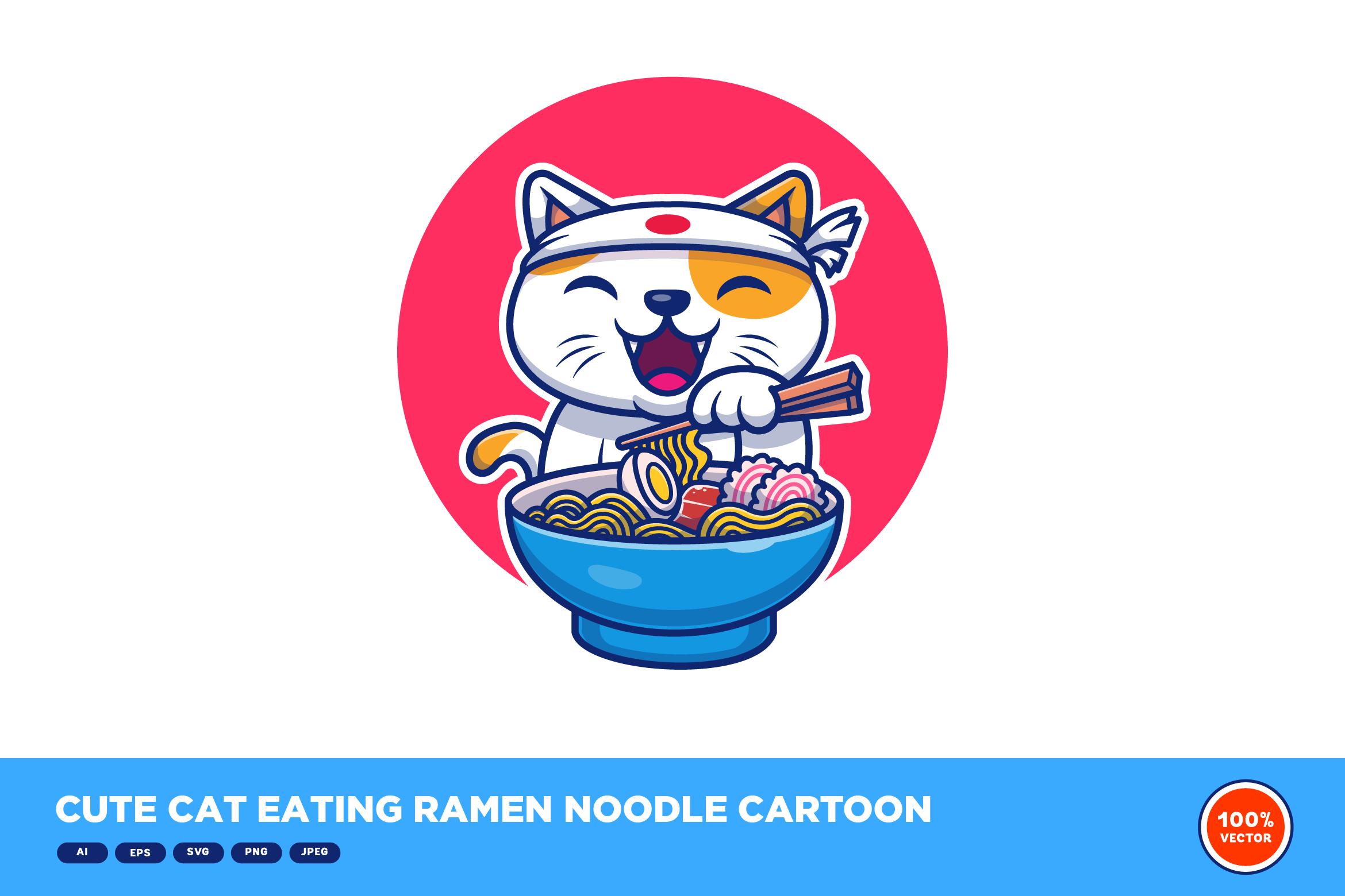 Cute Cat Eating Ramen Noodle Cartoon