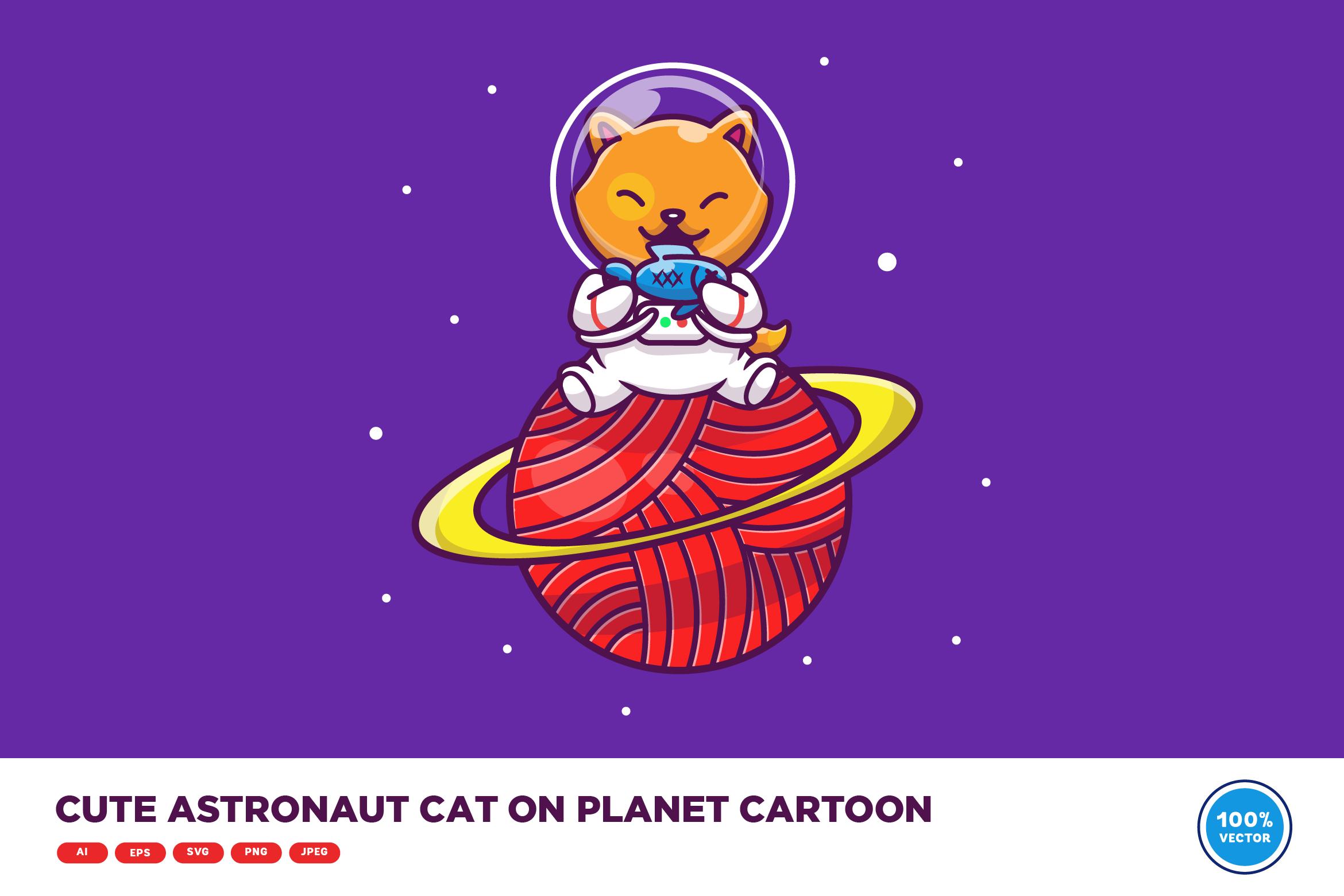 Cute Astronaut Cat on Planet Cartoon