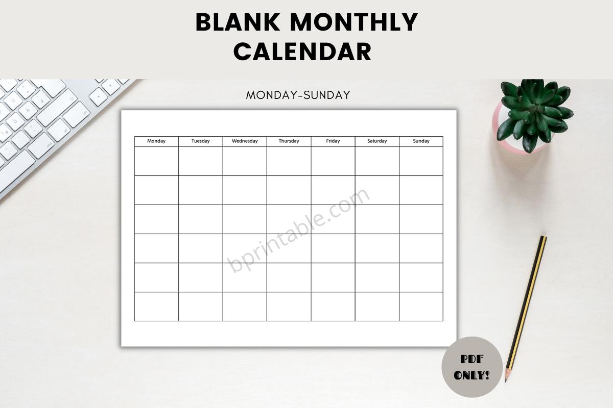 Blank Undated Monthly Calendar Planner