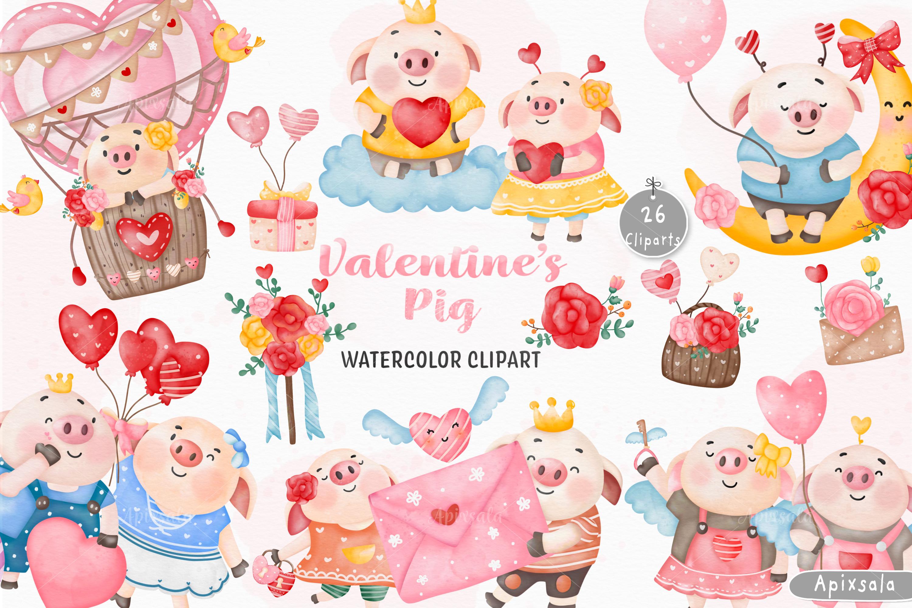 Valentine Day & Cute Piggy Watercolor