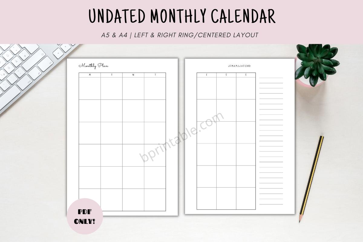 Undated Calendar Monthly Planner