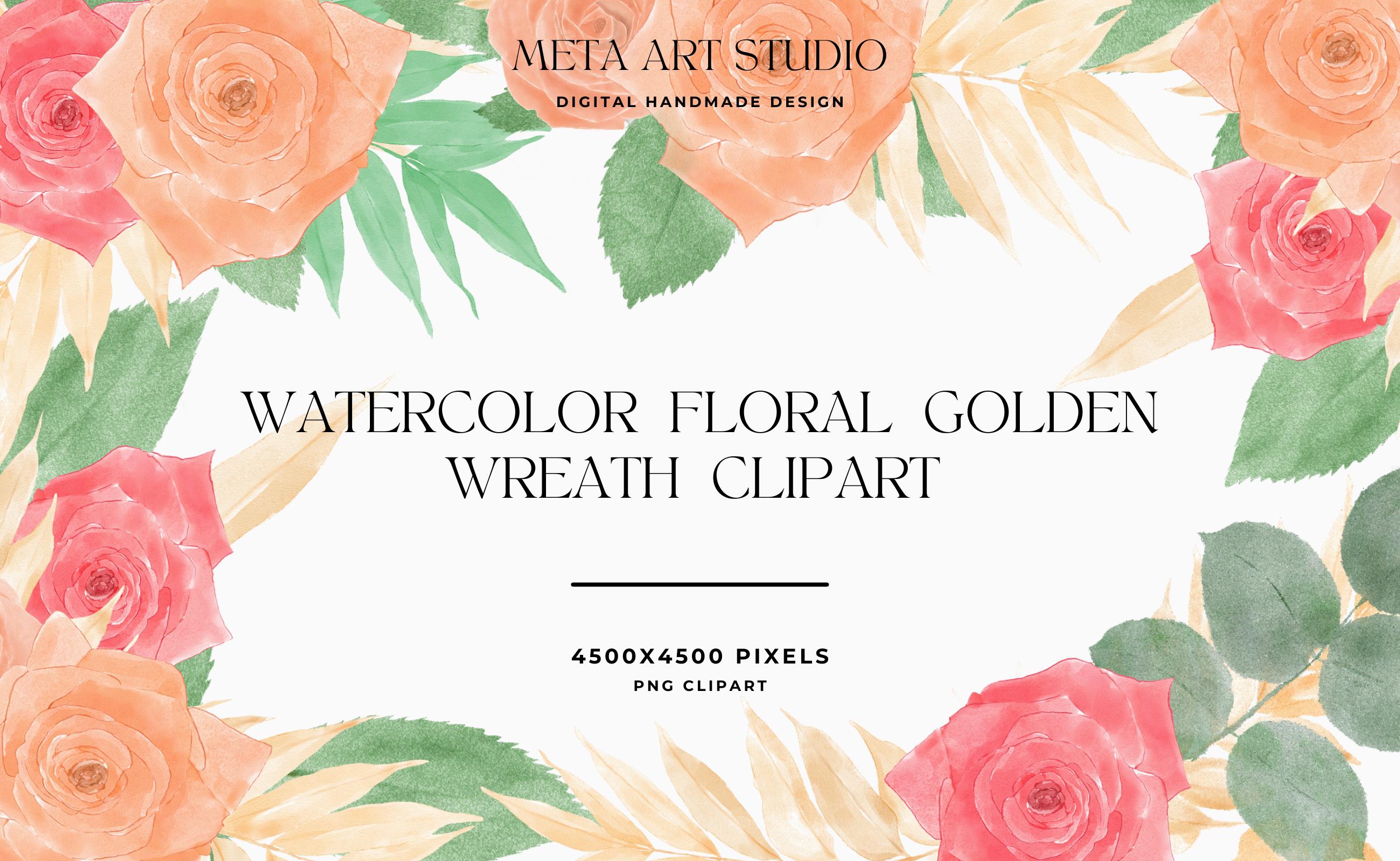 Watercolor Floral Golden Wreath Clipart