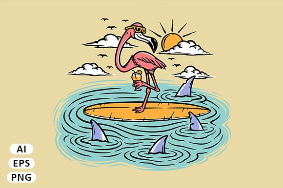 Flamingo on a Surfboard in the Sea