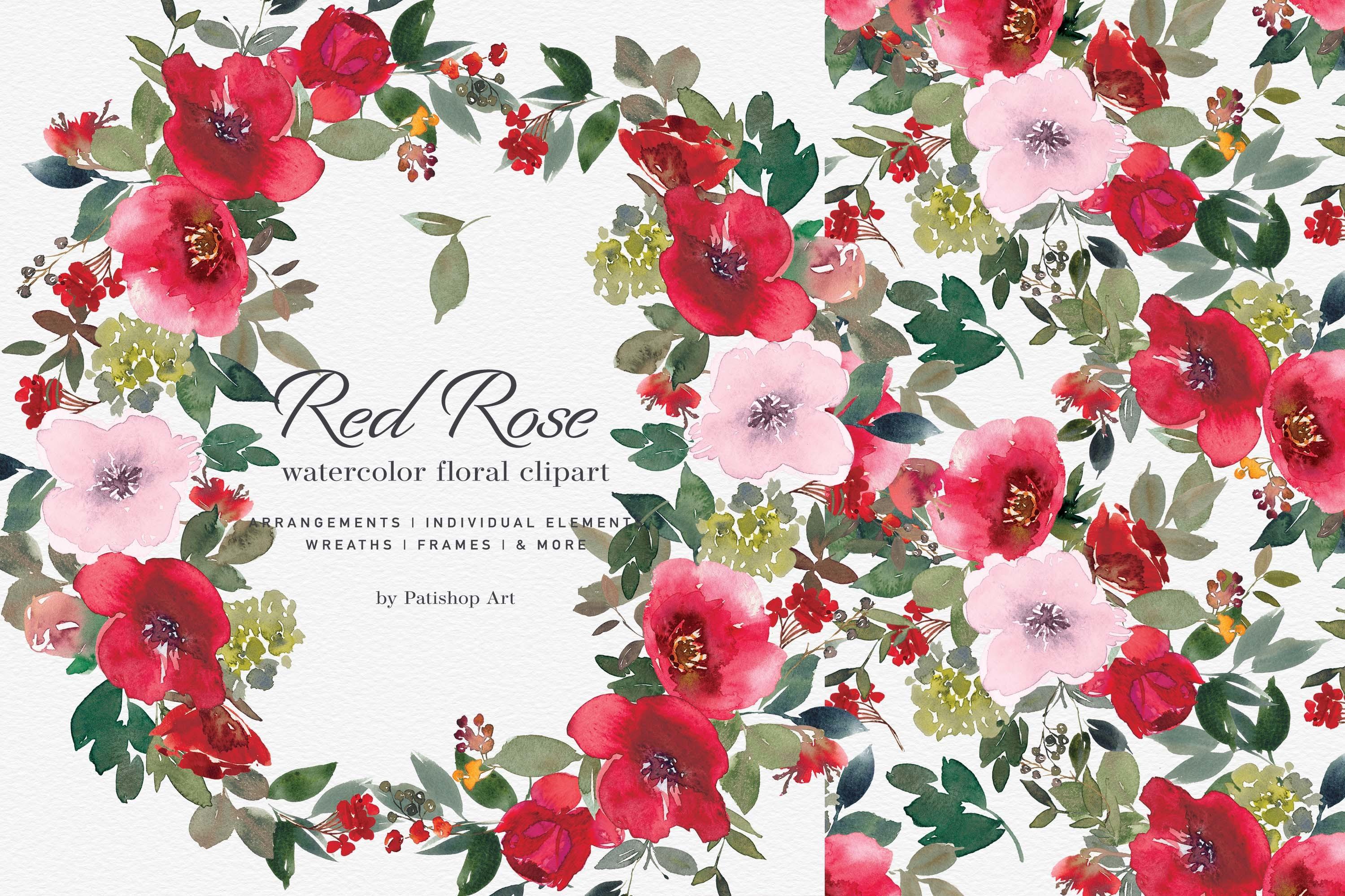 Watercolor Red Rose Clipart Set