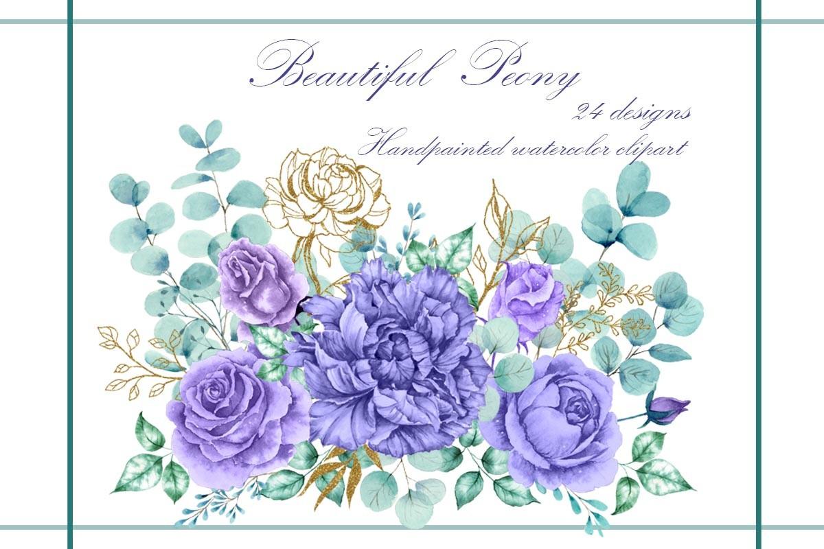 Purple Peony Roses and Gold Glitter Png
