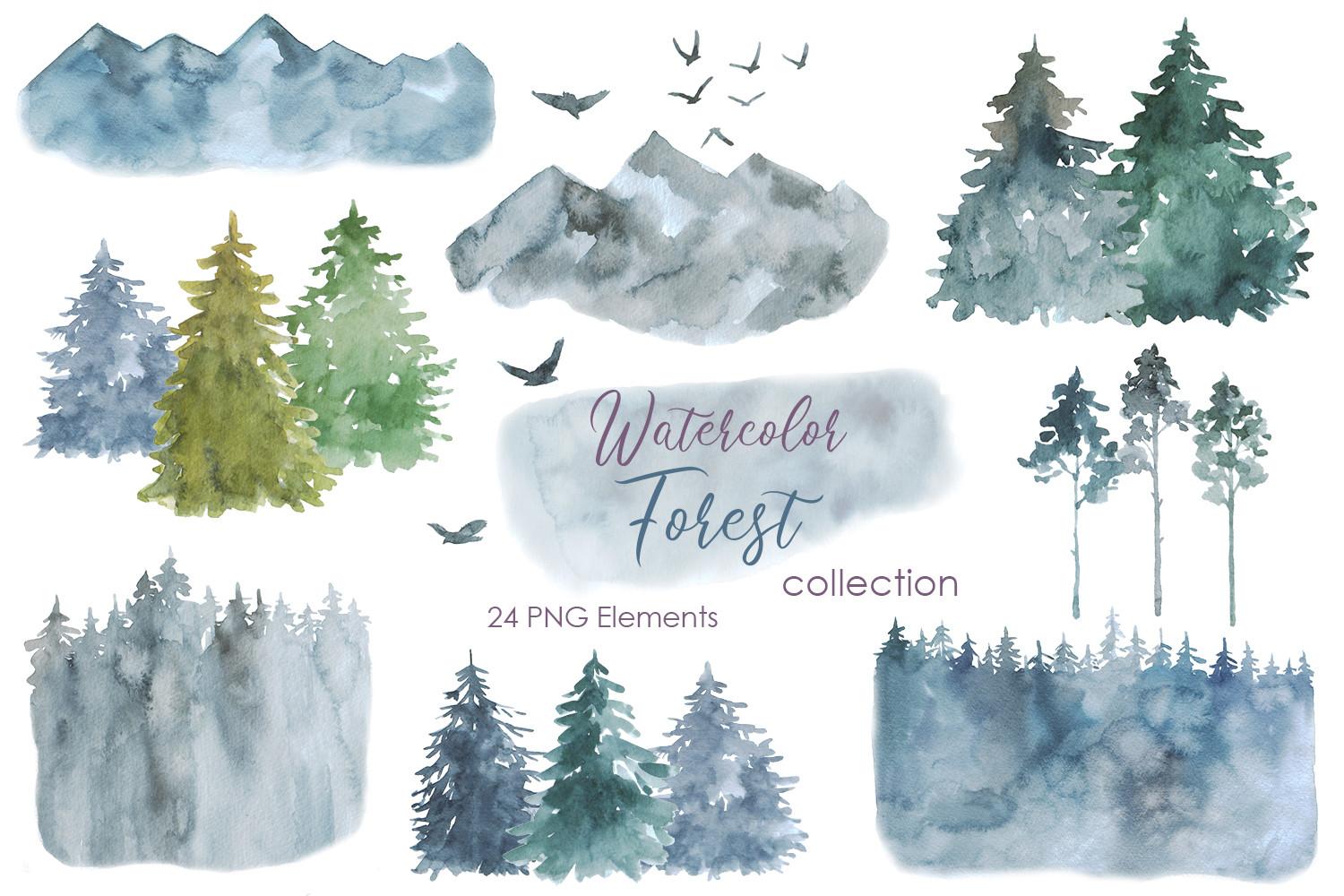 Watercolor Clipart Winter Forest PNG