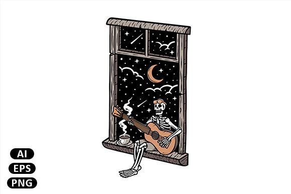Skull Playing Guitar in the Window