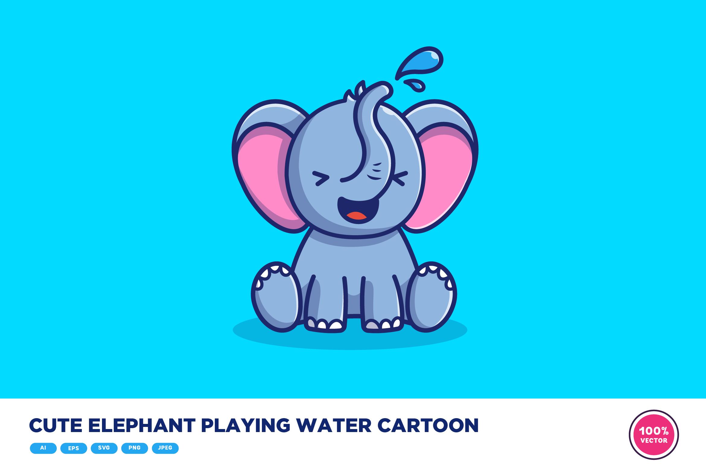 Cute Elephant Playing Water Cartoon
