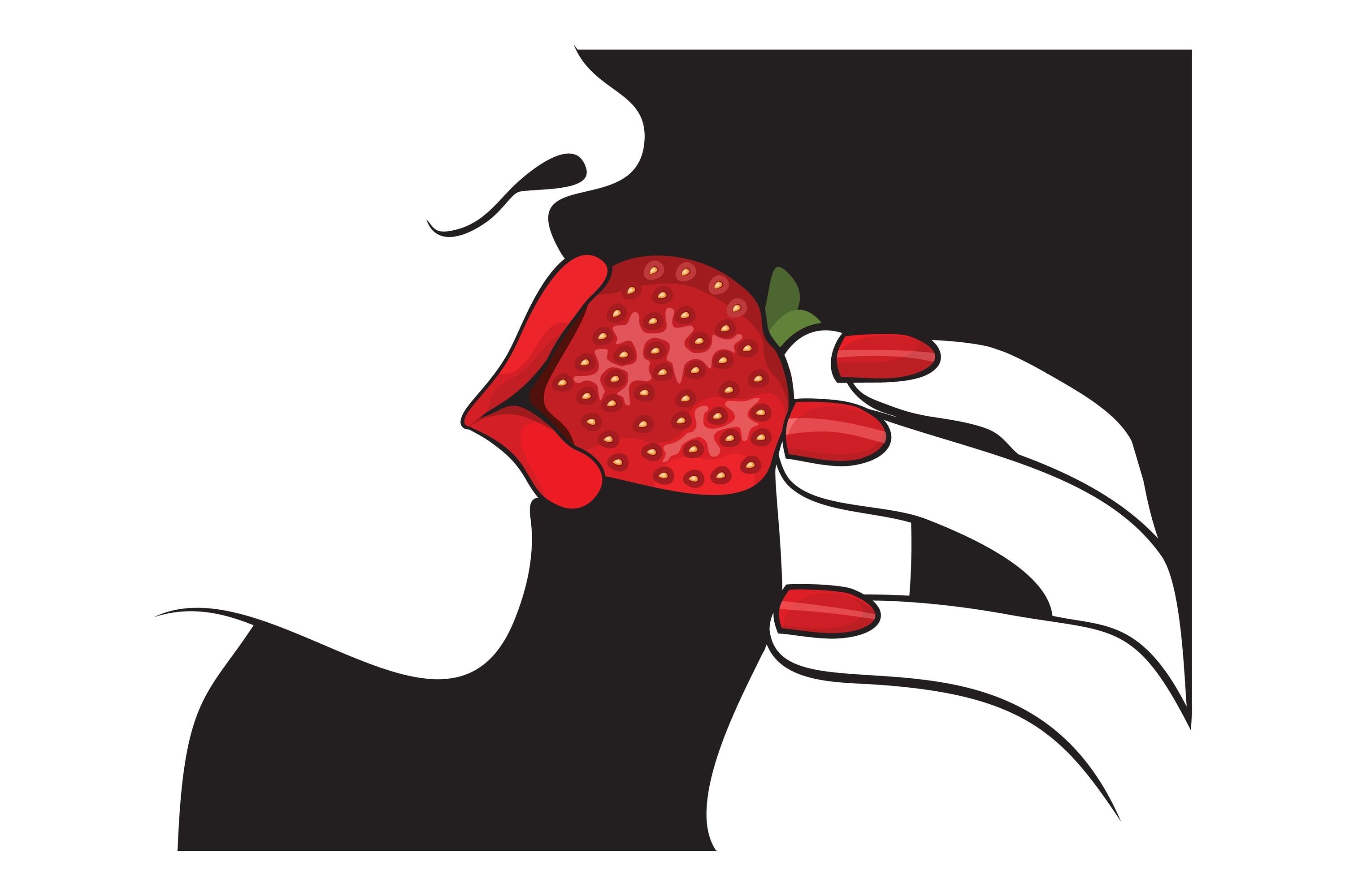 Woman with Red Lips Eating Strawberry