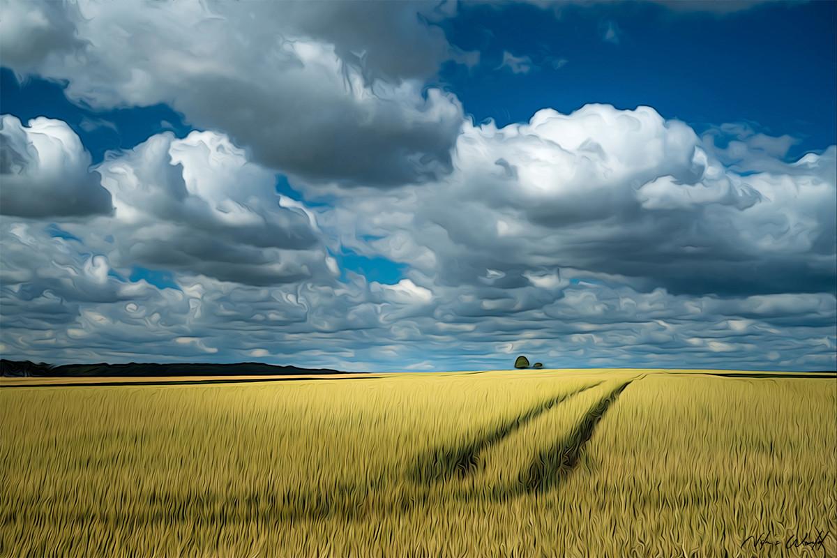 Watercolor Wheat Field with Stunning Sky
