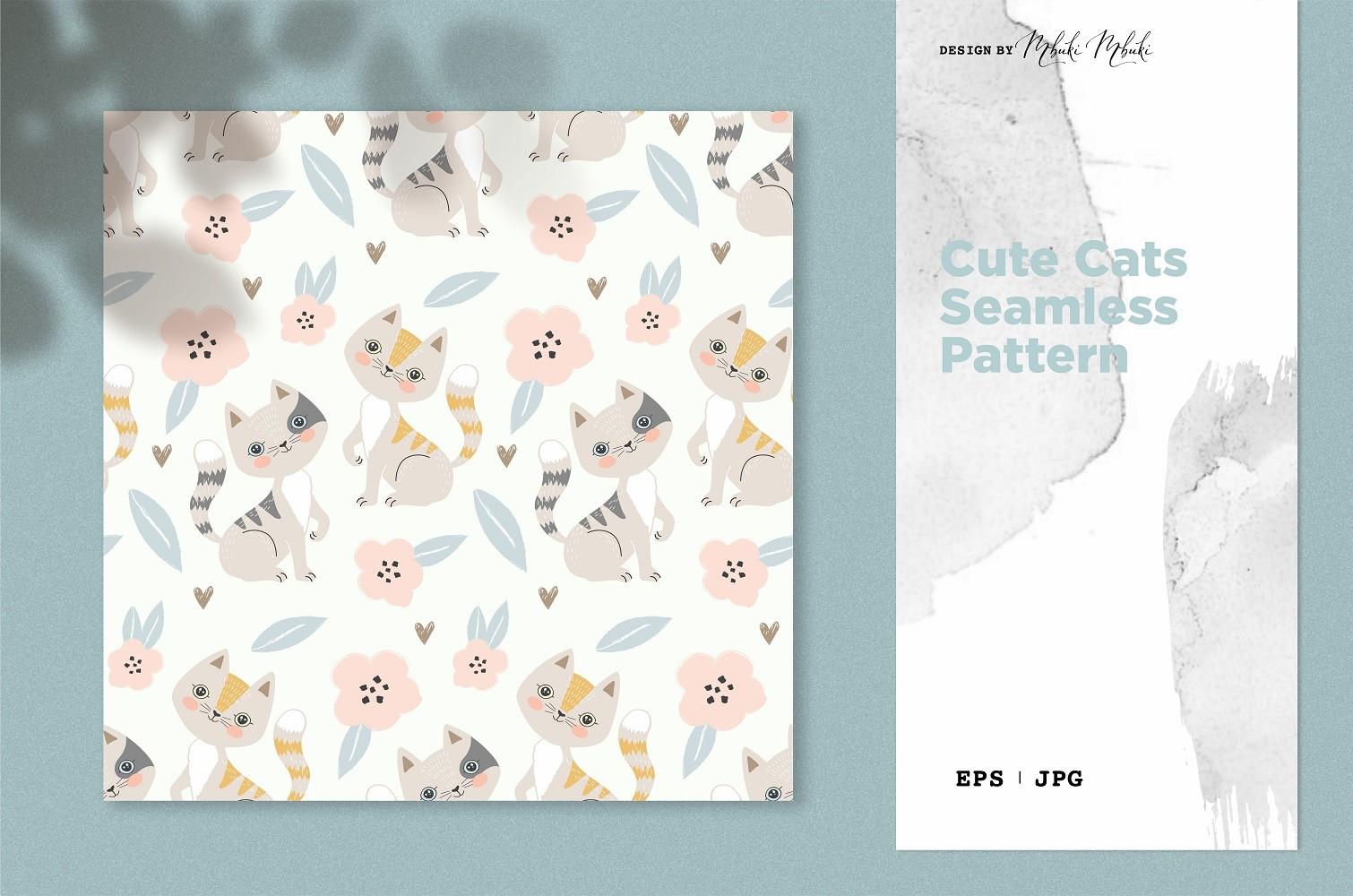 Cute Cats with Flowers Seamless Pattern