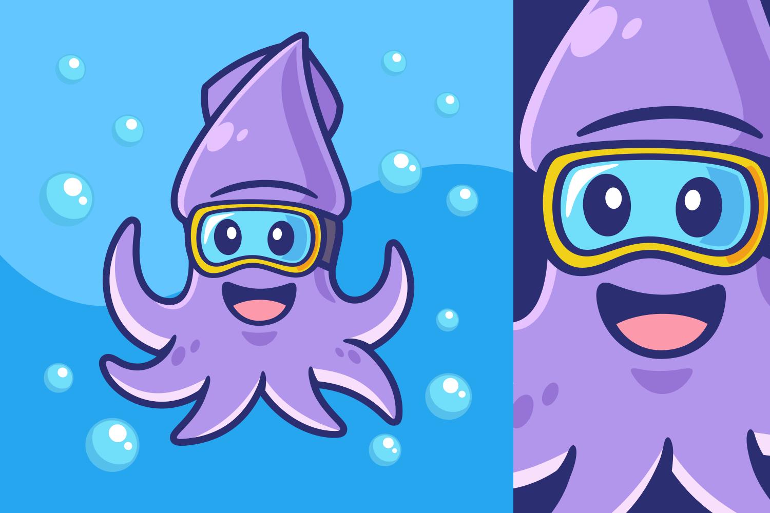 Cartoon Squid Diving in Water